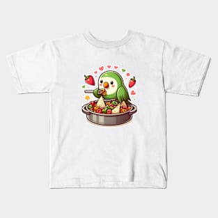 cute love birds are eating Mexican specialties, Tacos, Burritos, Enchiladas, Quesadillas, Guacamole, Fajitas, Chiles Rellenos, Tamales, Mole, Chilaquiles, Kids T-Shirt